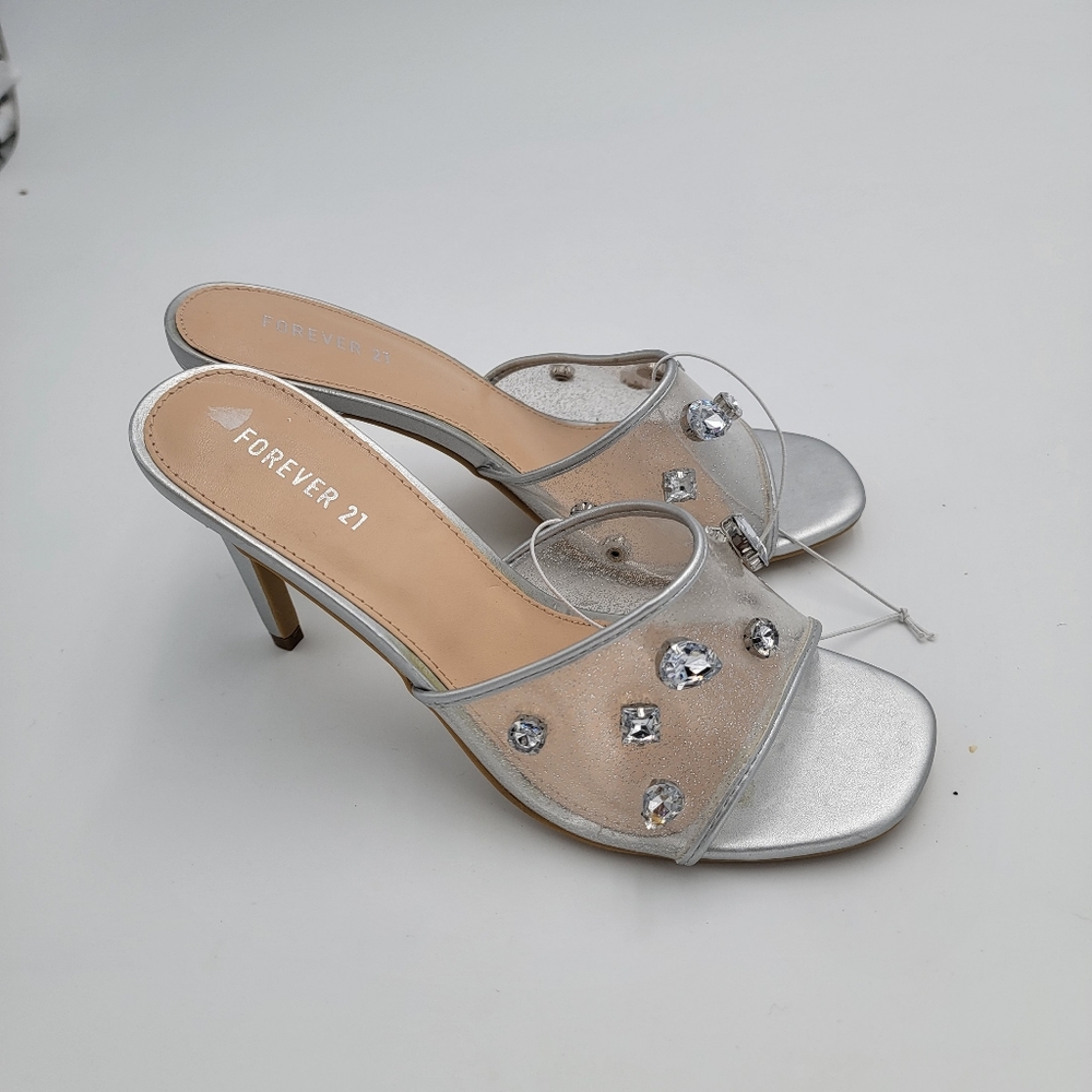 Forever 21 Round Toe Slide Dress Gray Heels" Open Toe Clear Rhinestone